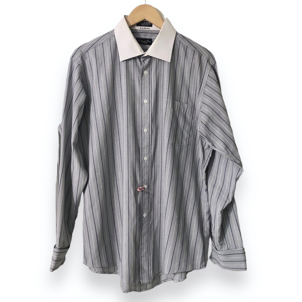 CHRISTIAN DIOR Oxford Striped Button Front Dress Shirt Contrast Collar V…